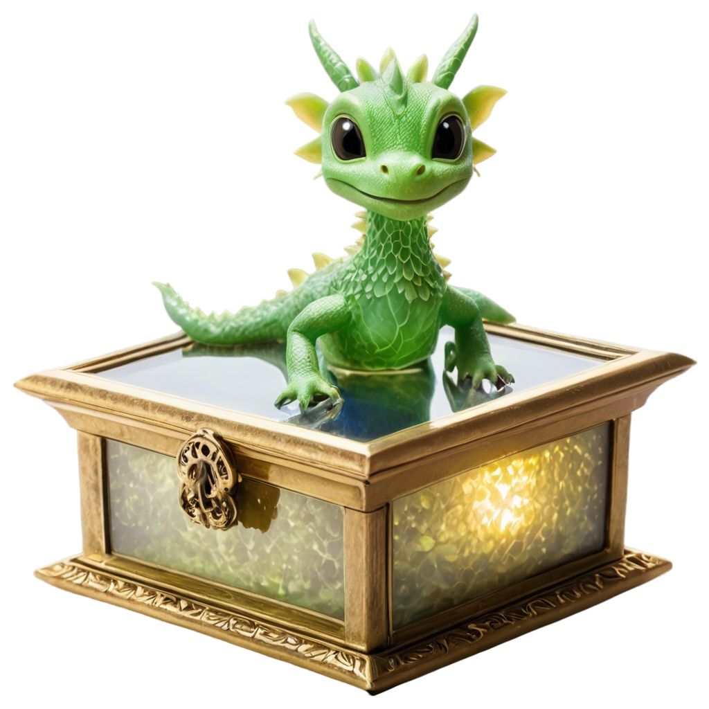 A tiny, precious baby dragon rests in a glass jewelry box filled with glowing glass jewelry. Blank space above. No background. PNG. FreePNG