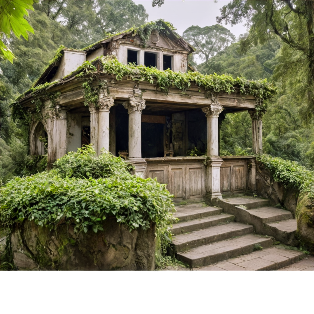 Un ancien bar avec terrasse, en bois, en ruines, aux couleurs vives, couvert de lierre, situé au bord d’un lac dans la jungle et entourées de statues baroques. FreePNG