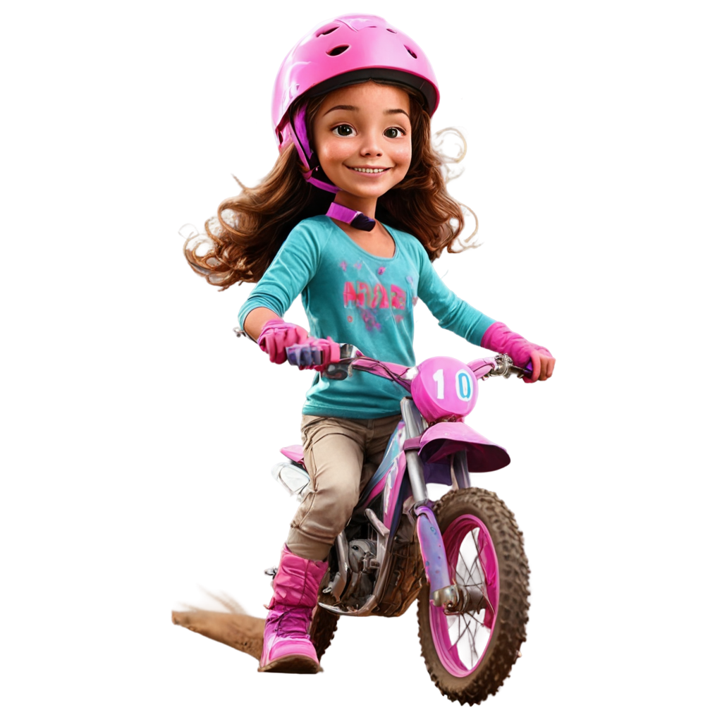 "A dynamic and colorful design for a kids' shirt celebrating 100 days of school, featuring a dirt bike theme tailored for girls. The focal point is a bright and playful dirt bike in shades of pink, purple, and teal, ridden by a girl with a confident smile, wearing a helmet and goggles. Surrounding her are dust clouds shaped like stars and the number 100, giving a sense of motion and excitement. Th