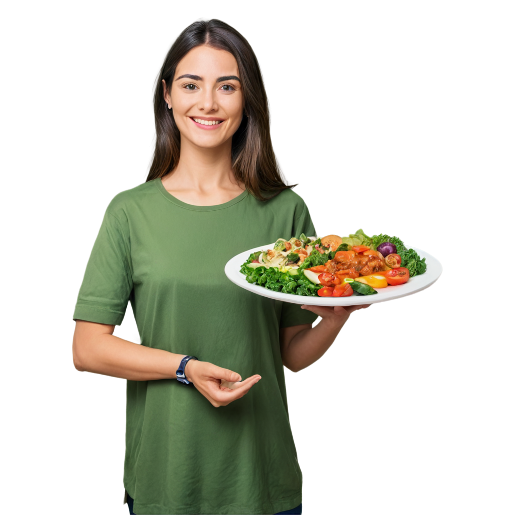 full image of the Woman holding plate with vegan or vegetarian food drawing, hd, 4k, 8k, extremely high resolution, centered and white background FreePNG