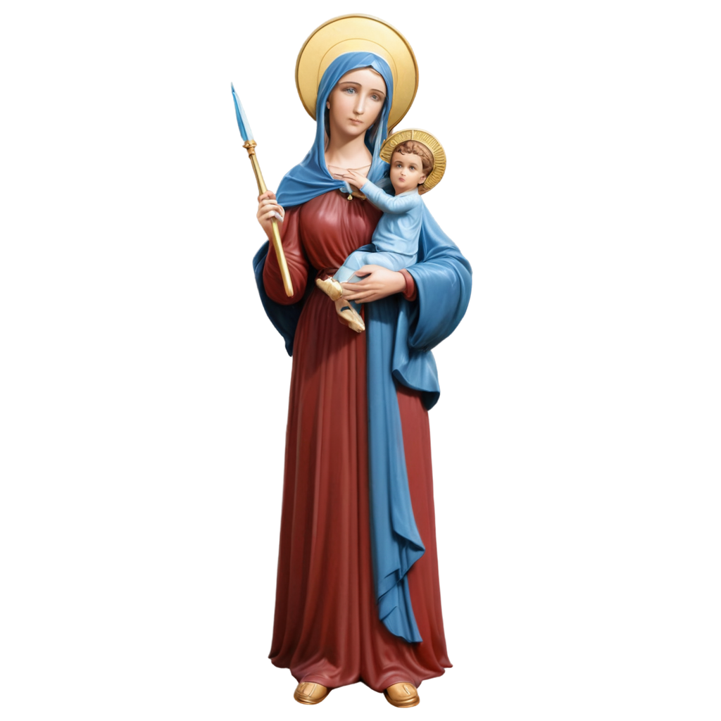 imagen para icono de la virgen Maria Auxiliadora con el niño en brazos y su ropaje en rojo oscuro y túnica azul con un cetro en la mano derecha en 3D con fondo transparente FreePNG