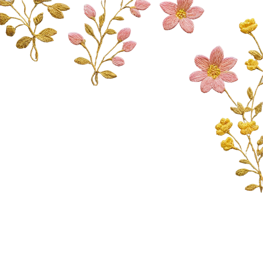 Embroidery With Pink And Yellow Flowers Golden Threads FreePNG