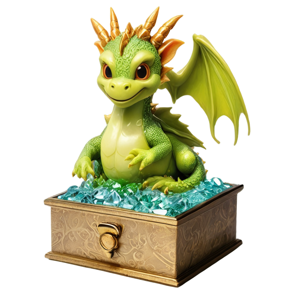 A cute miniature baby dragon sitting in a glass jewelry box overflowing with glowing glass jewelry with blank only space over the glass. no bg FreePNG