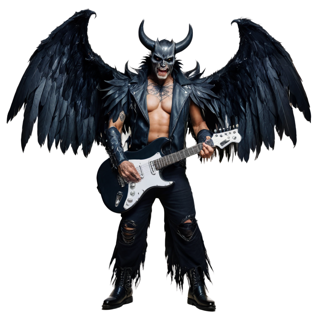 demonio gigante vestido de cuero y metal y de alas negras sostiene una guitarra electrica en una mano FreePNG