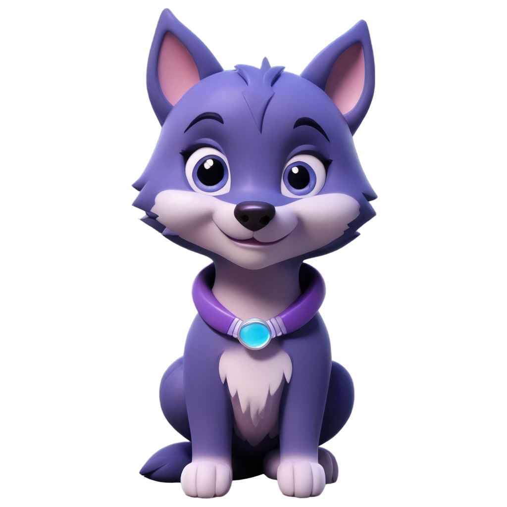 bébé loup de style kawaii en 3D cartoon aux couleurs bleu-nuit et violet de type mystique et magique FreePNG