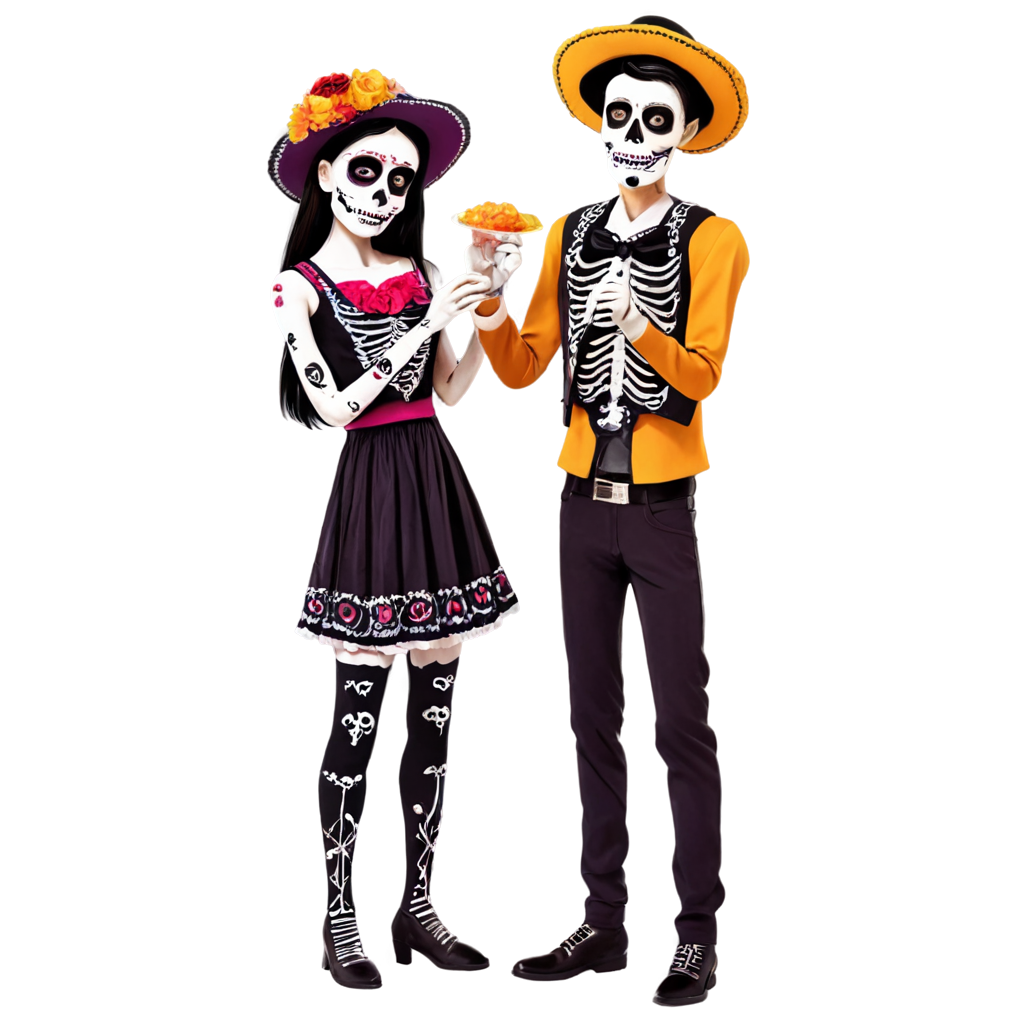 adolescentes disfrutando de la celebracion de dia de muertos en familia, en caricatura FreePNG