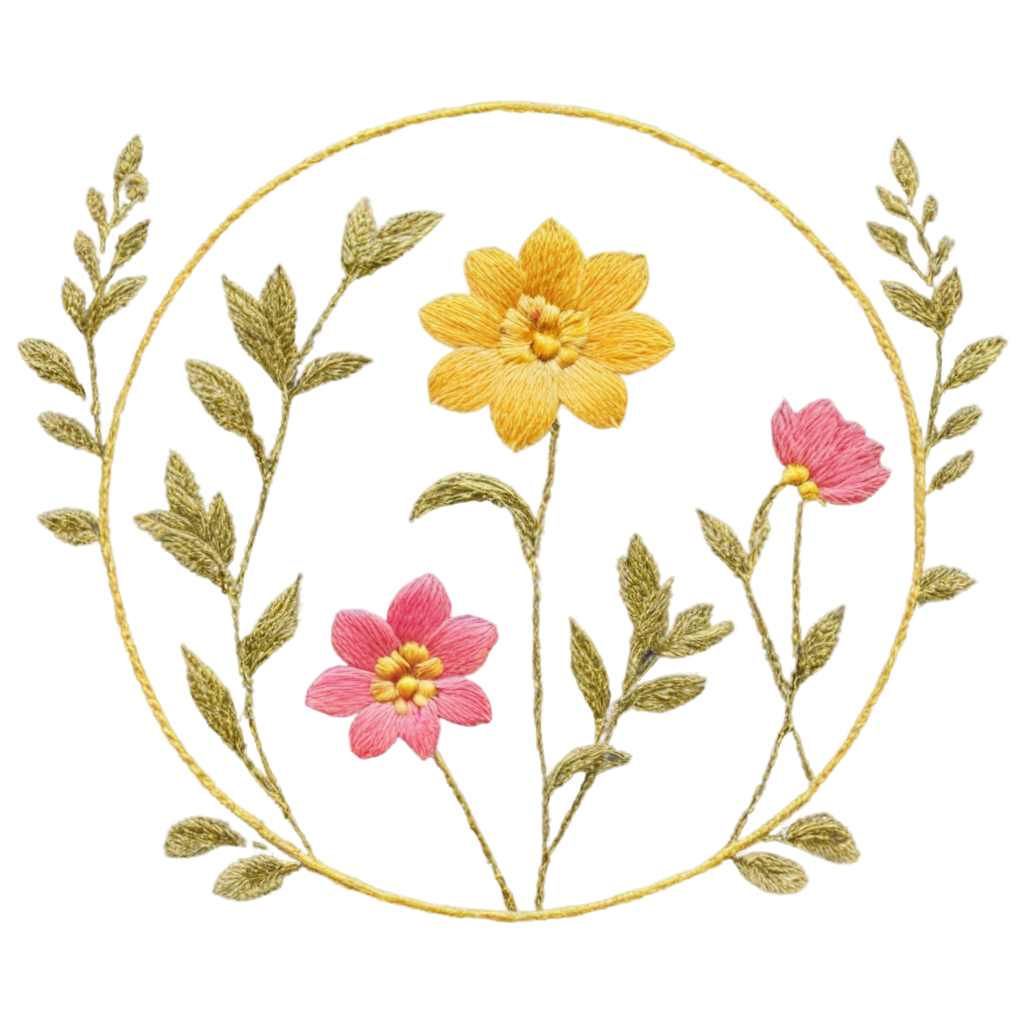 Embroidery With Pink And Yellow Flowers Golden Threads FreePNG