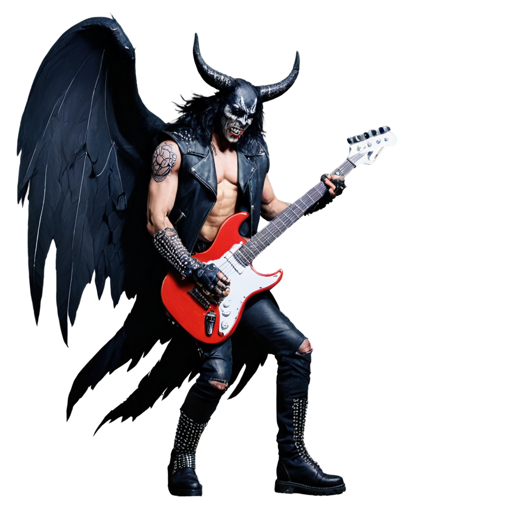 demonio gigante vestido de cuero, tachas y metal y de alas negras, está tocando una guitarra electrica parado en la punta de una cornisa FreePNG