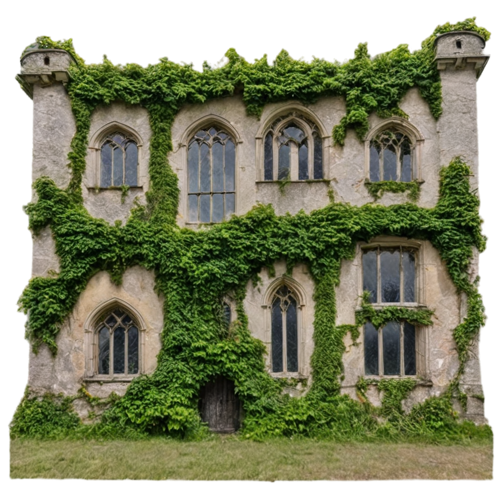 une immense façade de pierre sculptée de vieux château en ruines saturée de lierre style urbex.