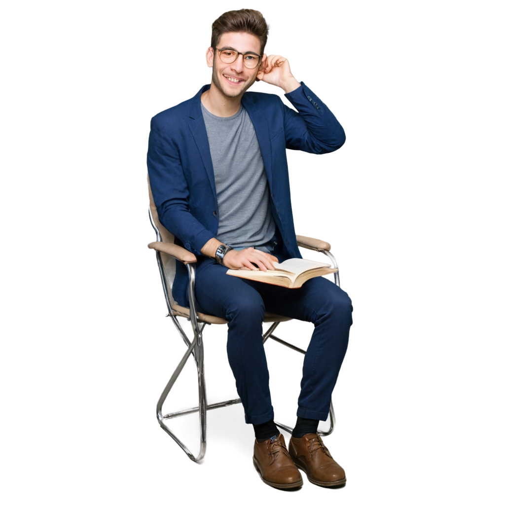 studying man in chair having book in hand and happy face FreePNG