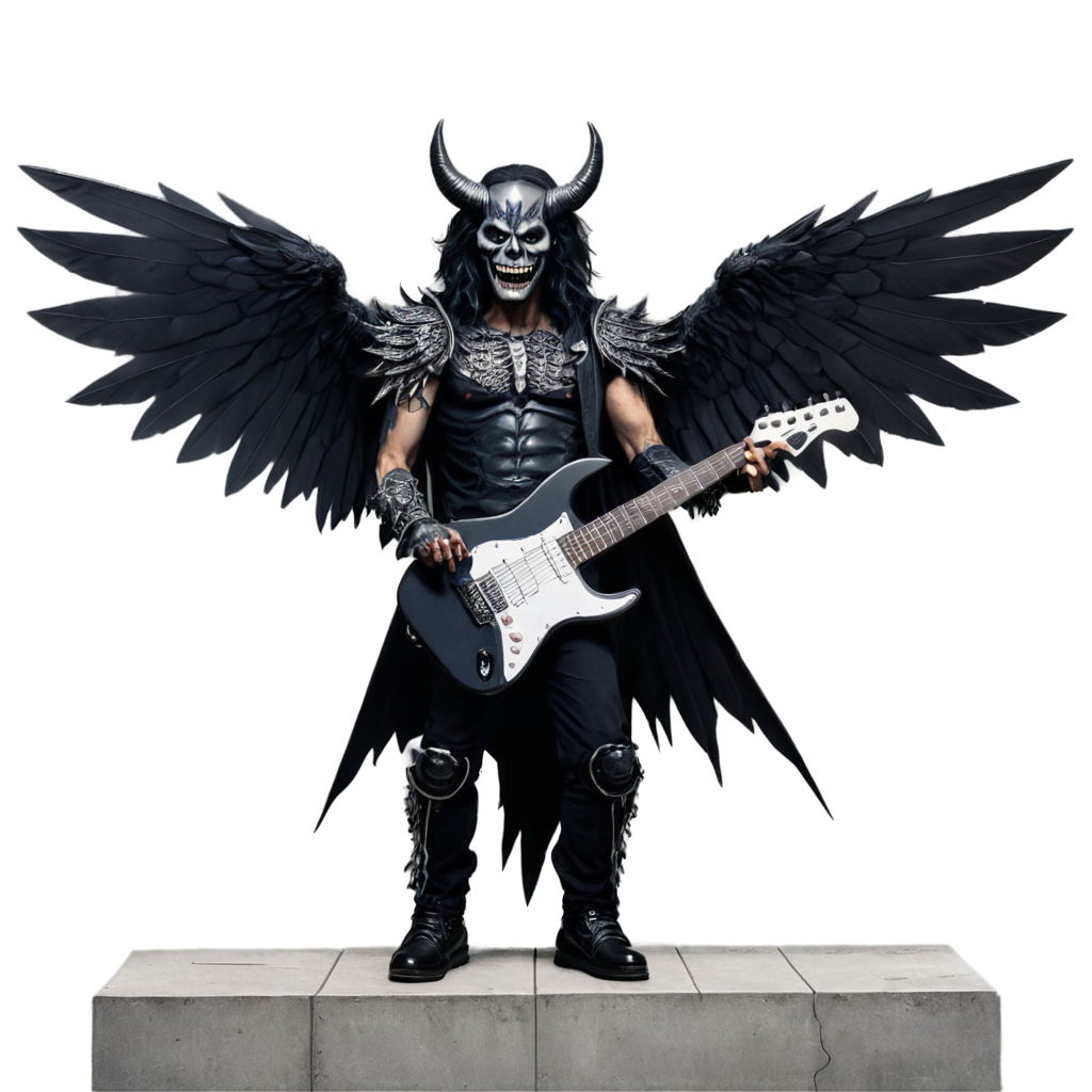 demonio gigante vestido con ropa de  metal y de alas negras, está tocando una guitarra electrica parado en la punta de una cornisa FreePNG