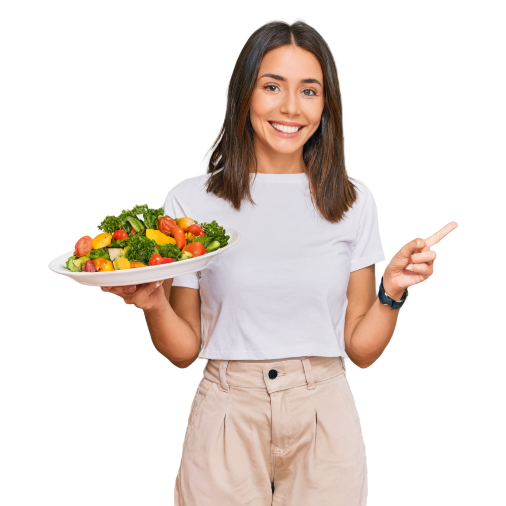 full image of the Woman holding plate with vegan or vegetarian food drawing, hd, 4k, 8k, extremely high resolution, centered and white background FreePNG