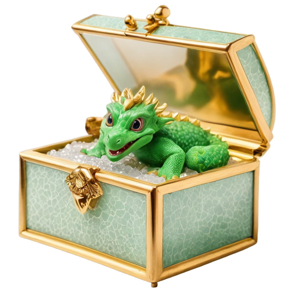 A tiny, precious baby dragon rests in a glass jewelry box filled with glowing glass jewelry. Blank space above. No background. PNG. FreePNG