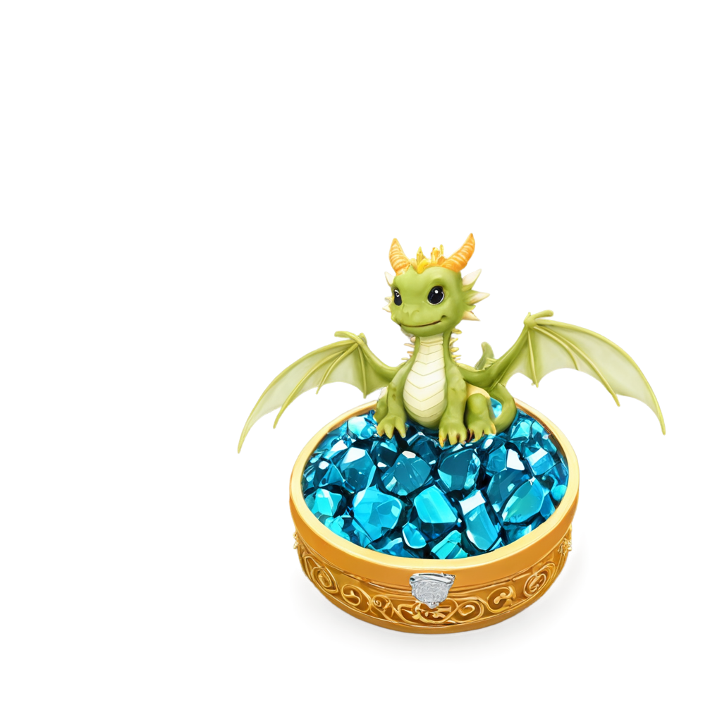 10 cute miniature baby dragon sitting in a glass jewelry box overflowing with glowing glass jewelry with blank only space over the glass. no bg FreePNG