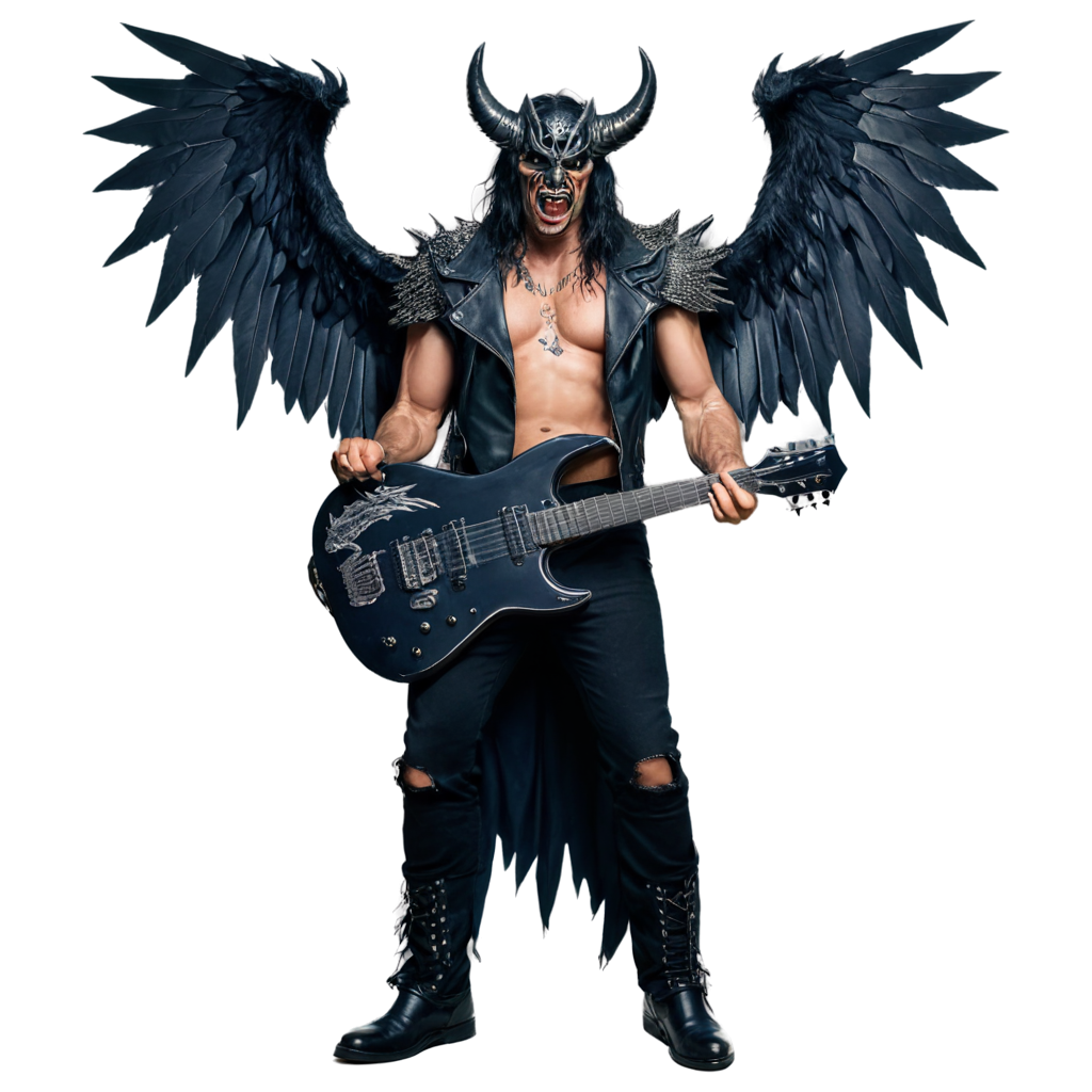 demonio gigante vestido de cuero, tachas y metal y de alas negras sostiene una guitarra electrica en una mano heavy metal FreePNG