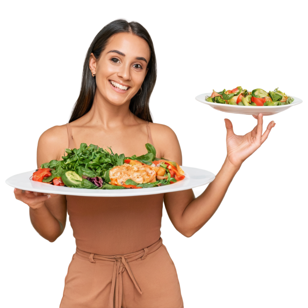 full image of the Woman holding plate with vegan or vegetarian food drawing, hd, 4k, 8k, extremely high resolution, centered and white background FreePNG