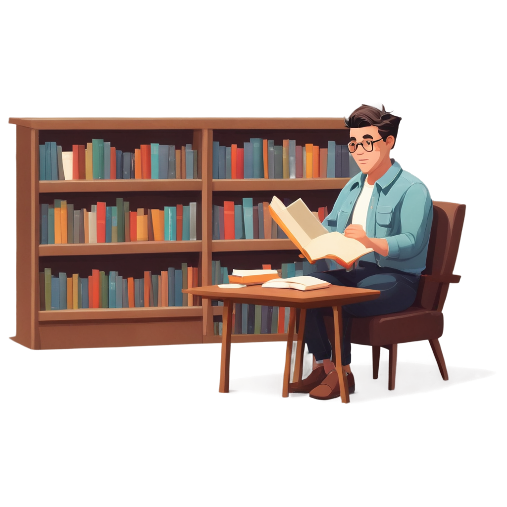 hombre leyendo un libro en un a biblioteca, en caricatura FreePNG