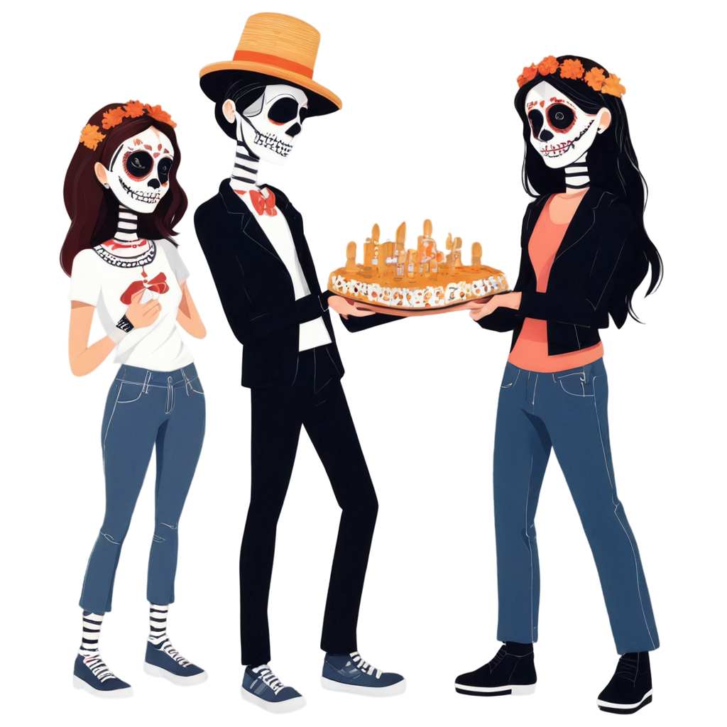 adolescentes visitando las ofrendas de dia de muertos en méxico, en caricatura FreePNG