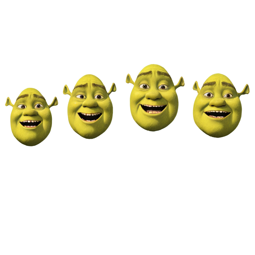 4 dibujos de shrek en la misma posición solo que una con la boca abierta otra con los ojos cerrados y con la boca abierta y la ultima normal
 FreePNG