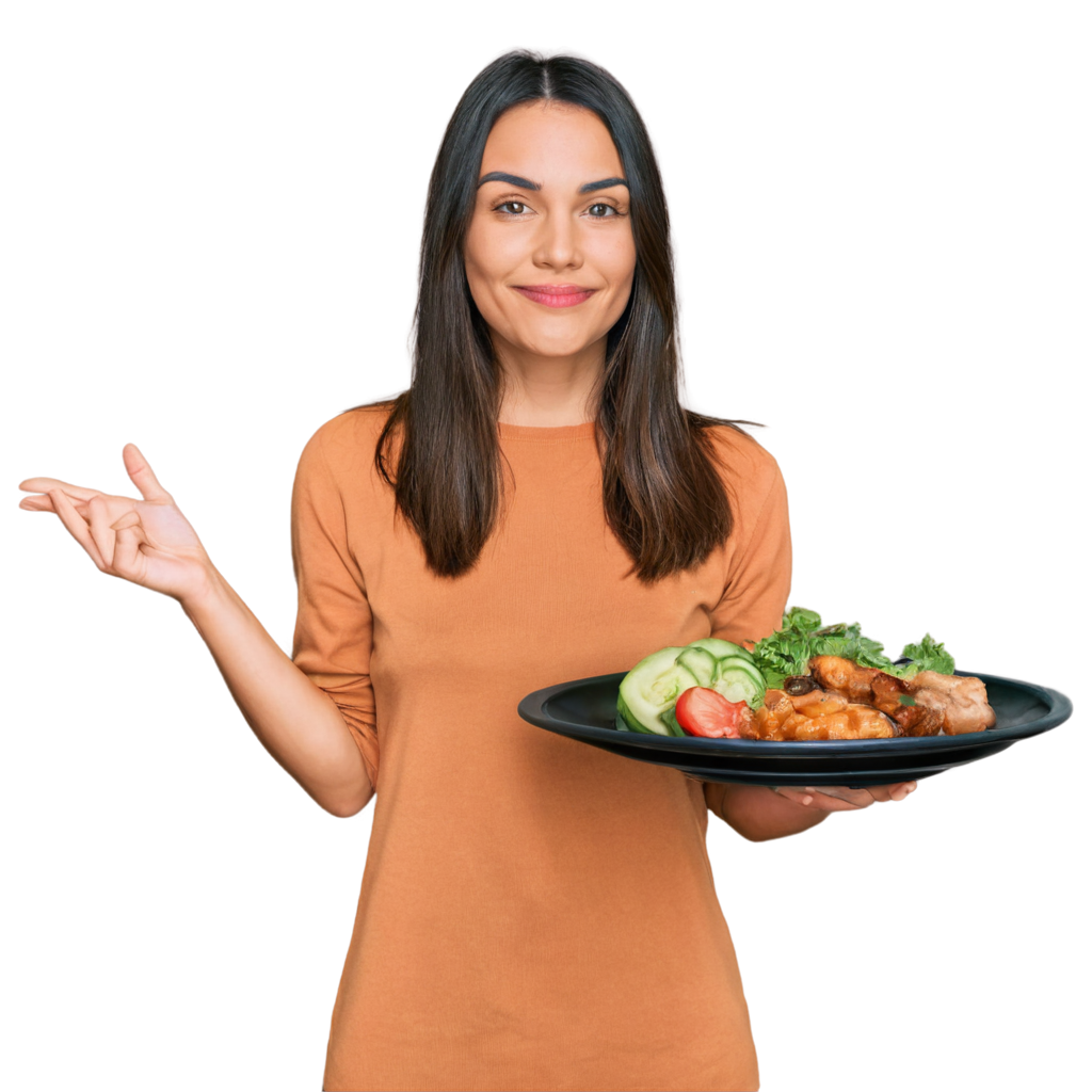 full image of the Woman holding plate with vegan or vegetarian food drawing, hd, 4k, 8k, extremely high resolution, centered and white background FreePNG