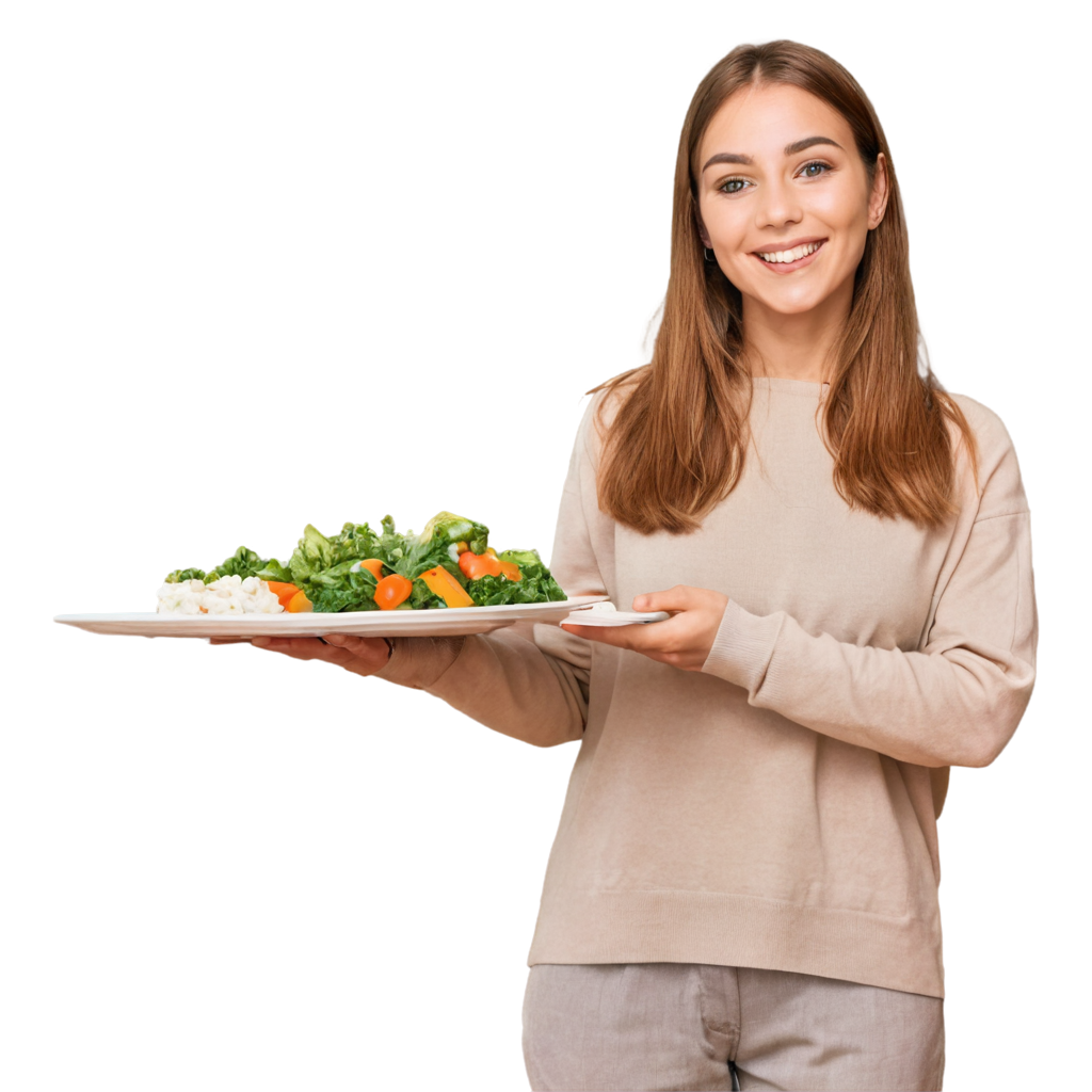 full image of the Woman holding plate with vegan or vegetarian food drawing, hd, 4k, 8k, extremely high resolution, centered and white background FreePNG