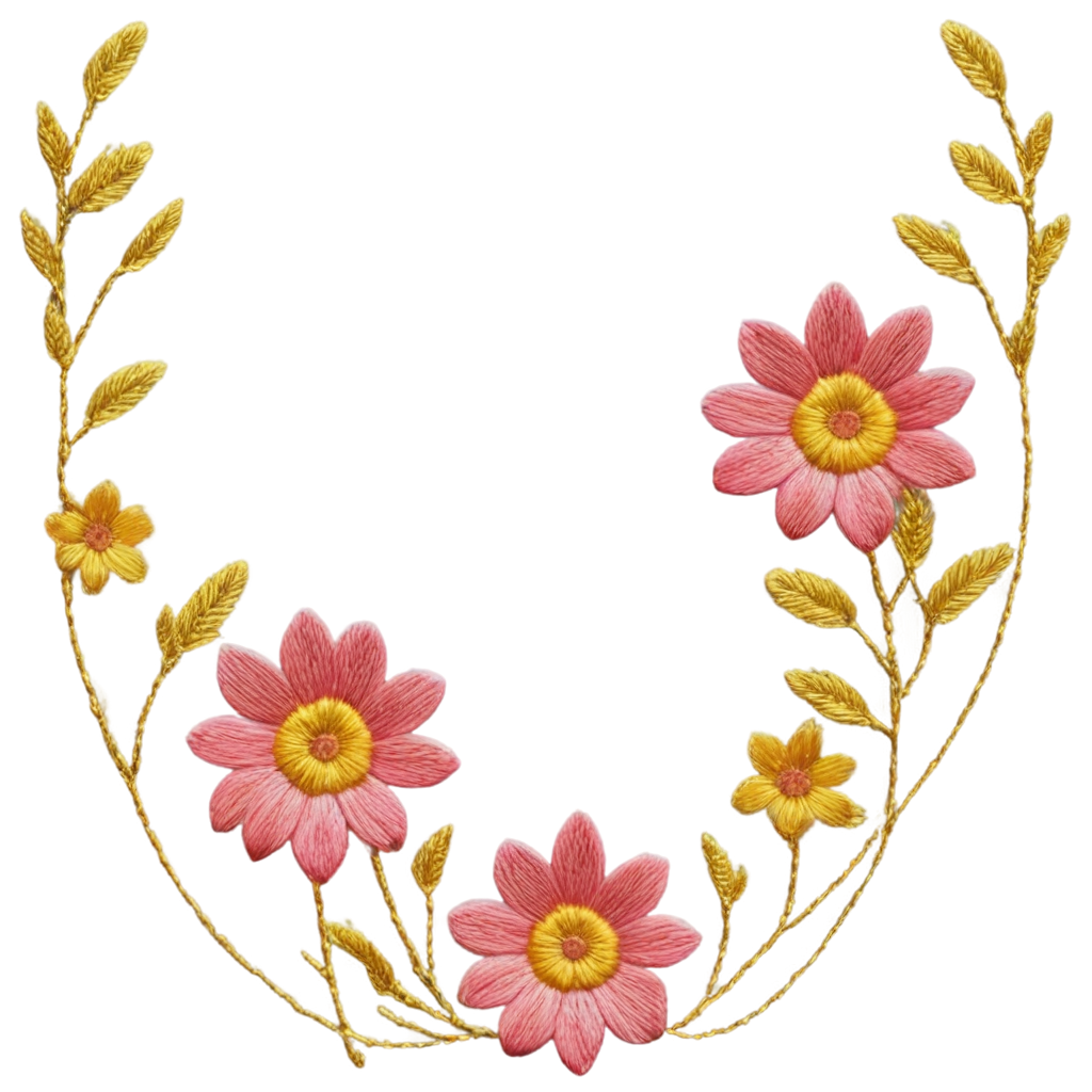 Embroidery With Pink And Yellow Flowers Golden Threads FreePNG