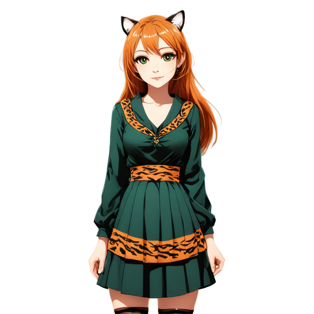 anime girl has black tiger cheek lines (scratches), slightly long orange hair like a tiger, orange tiger ears with pierced black tips. long sleeve shirt with a claw pattern on the sleeves and gold cuffs, green skirt with slight orange-brown accents on the center line, bottom edge, belt. emerald green transparent robe with spiral light pattern. emerald tea leaf earrings, crystal necklace, tea leaf  FreePNG