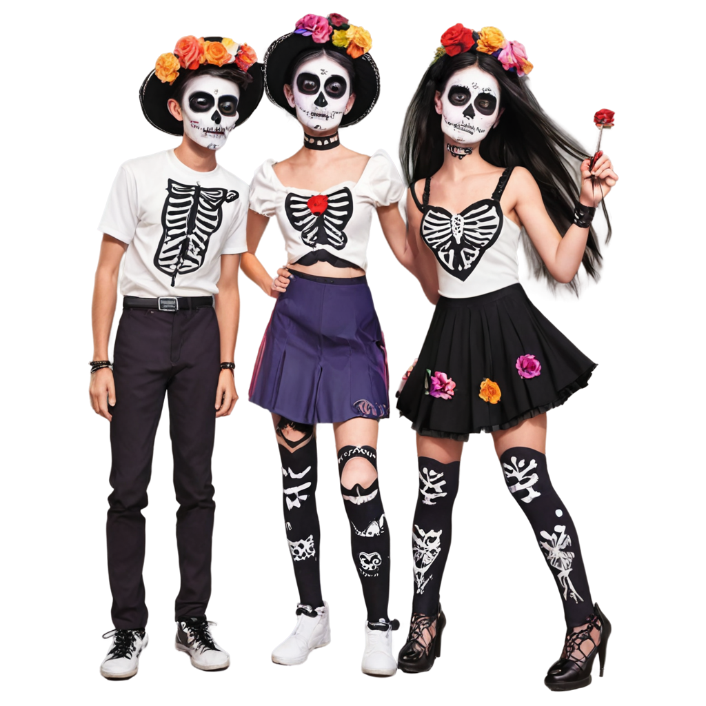 adolescentes disfrutando de la celebracion de dia de muertos, en caricatura FreePNG