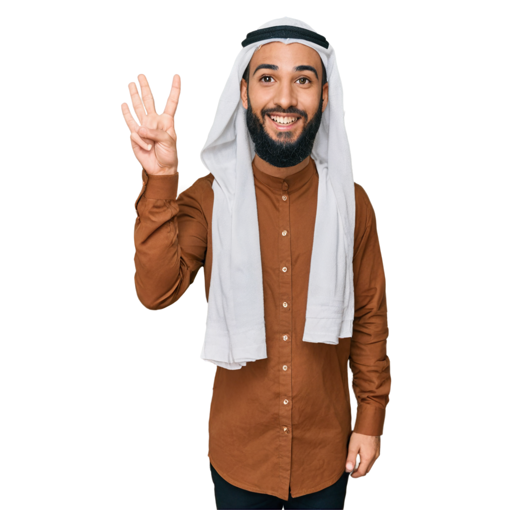 an arab cartoon guy , wearing a white and pointing and looking up and left with his finger (while smiling).