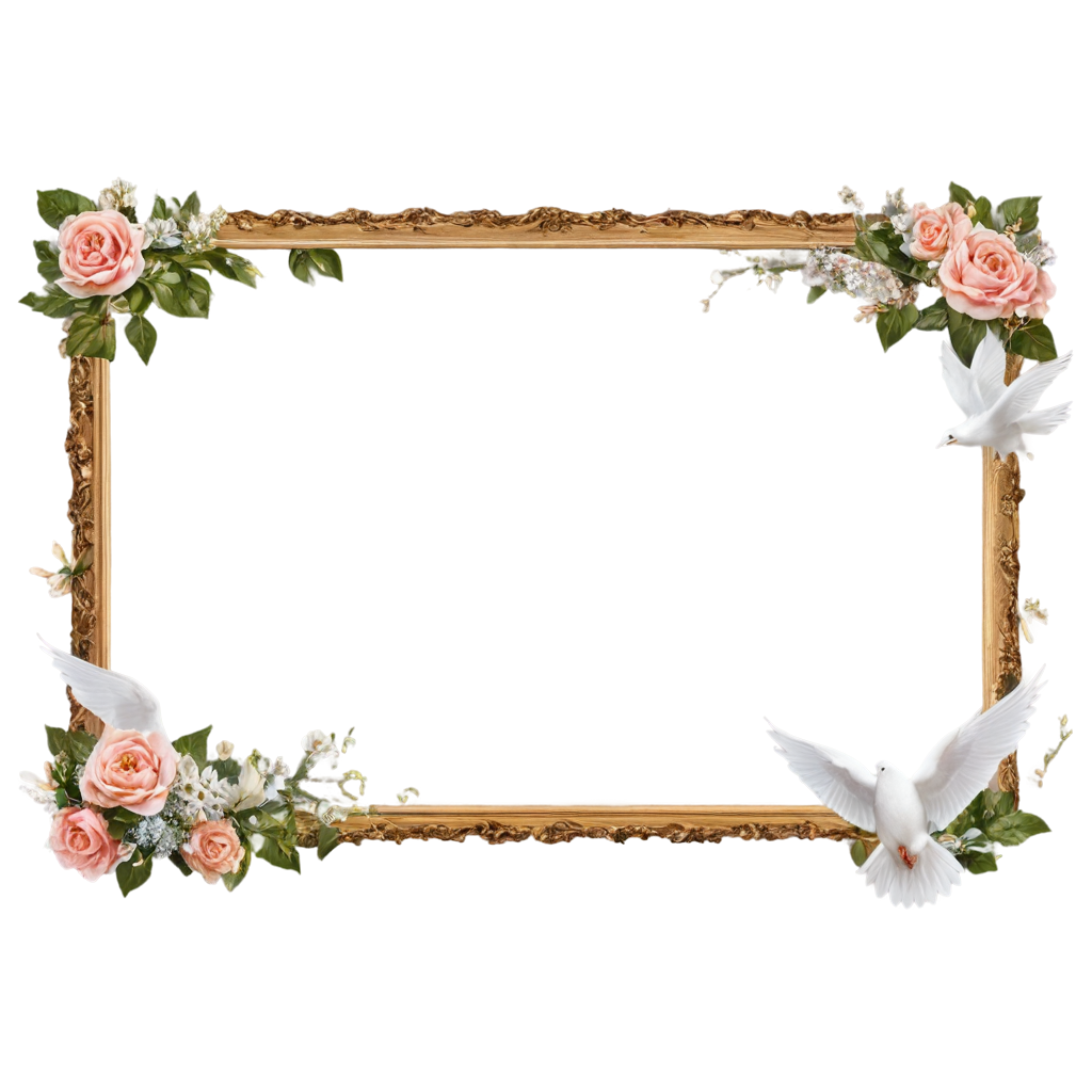 Breathtaking high detailed illustration of an empty christian photo frames with flowers and dove. Center images.  FreePNG